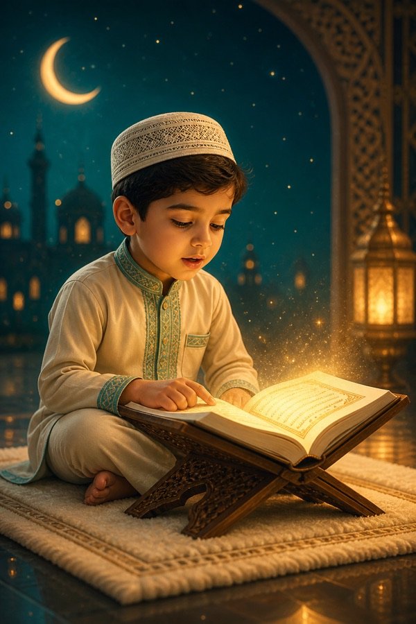 Child reading the Quran during an online Quran lesson
