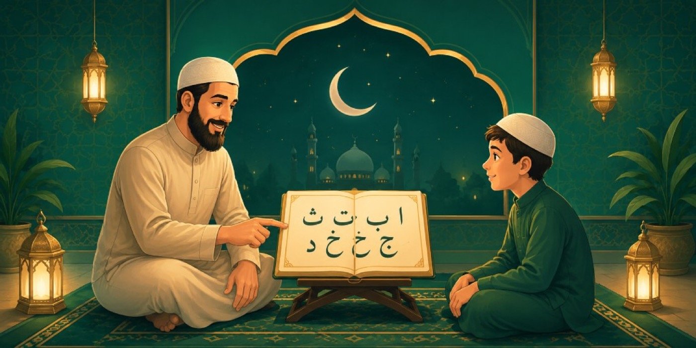 A Quran teacher and a young student sitting in a mosque, learning Noorani Qaida together